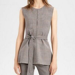 Theory Stretch Wool Sleeveless Check Belted Peplum Top Size S
